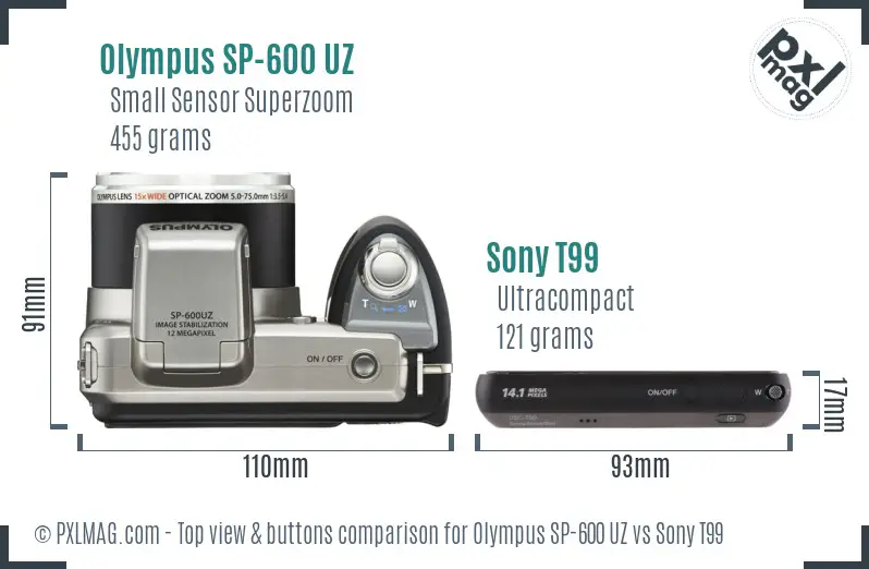Olympus SP-600 UZ vs Sony T99 top view buttons comparison