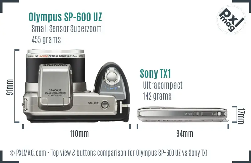 Olympus SP-600 UZ vs Sony TX1 top view buttons comparison Olympus SP-600 UZ vs Sony TX1 top view buttons comparison