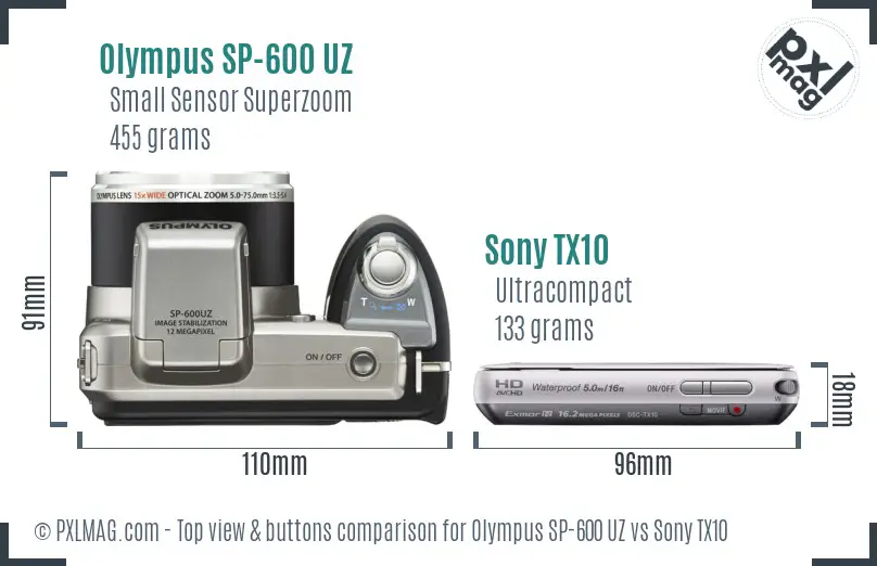 Olympus SP-600 UZ vs Sony TX10 top view buttons comparison