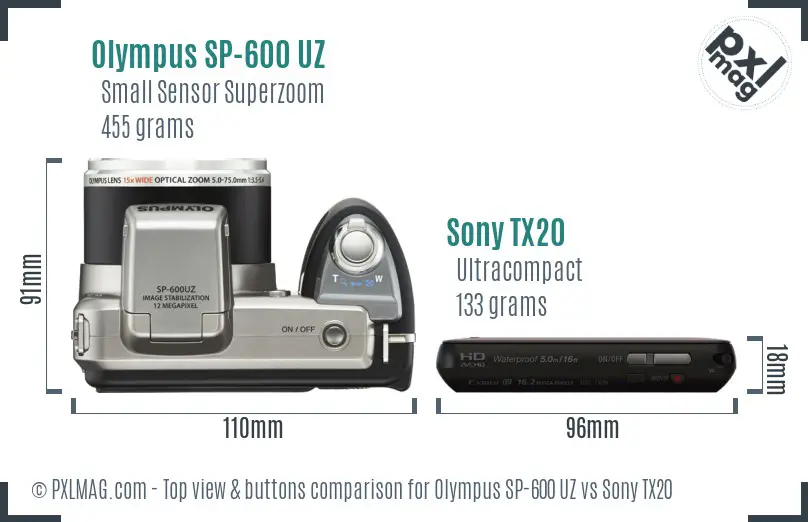 Olympus SP-600 UZ vs Sony TX20 top view buttons comparison