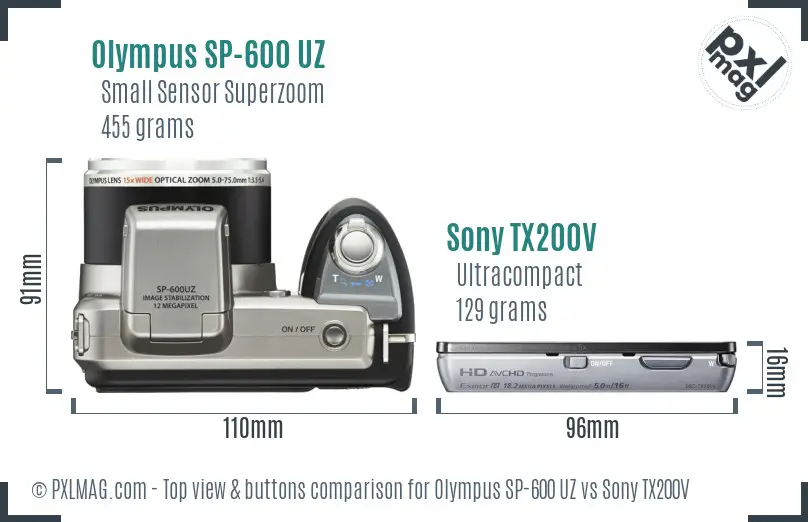 Olympus SP-600 UZ vs Sony TX200V top view buttons comparison