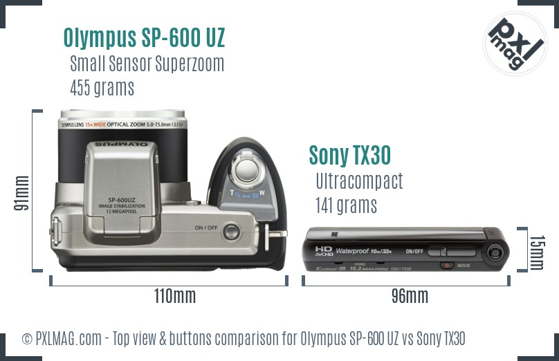Olympus SP-600 UZ vs Sony TX30 top view buttons comparison