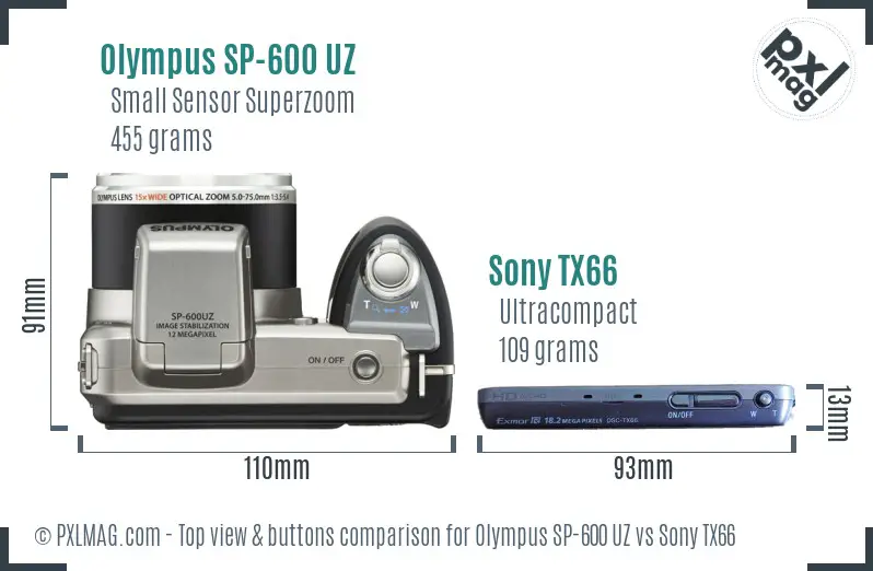 Olympus SP-600 UZ vs Sony TX66 top view buttons comparison