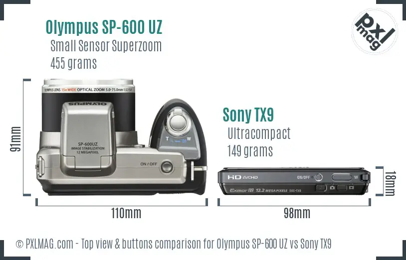 Olympus SP-600 UZ vs Sony TX9 top view buttons comparison