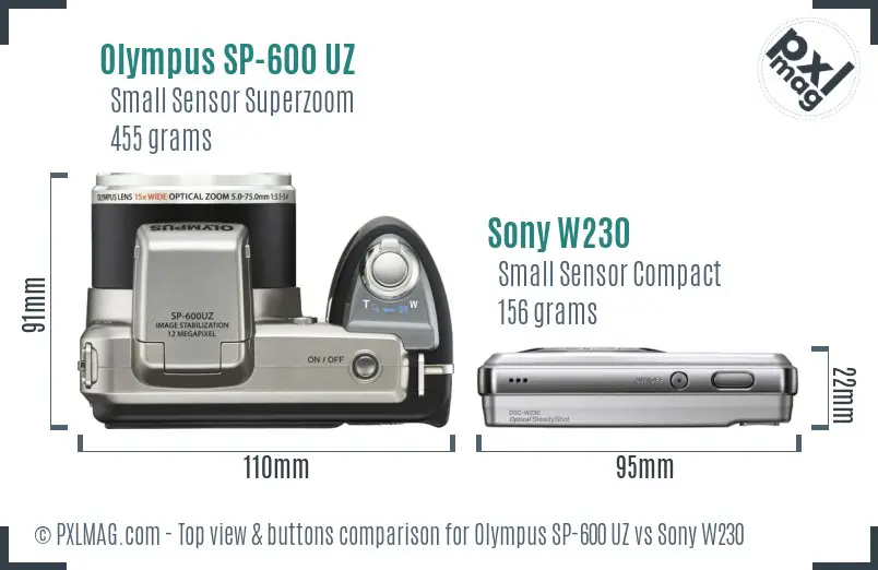 Olympus SP-600 UZ vs Sony W230 top view buttons comparison