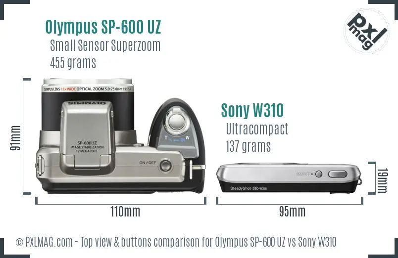 Olympus SP-600 UZ vs Sony W310 top view buttons comparison Olympus SP-600 UZ vs Sony W310 top view buttons comparison