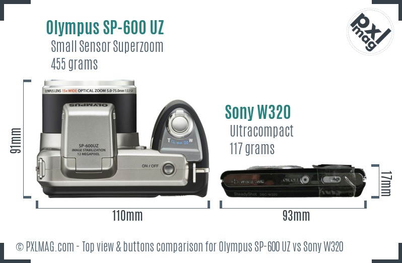 Olympus SP-600 UZ vs Sony W320 top view buttons comparison