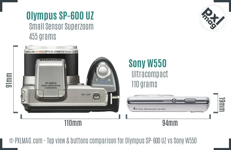 Olympus SP-600 UZ vs Sony W550 top view buttons comparison Olympus SP-600 UZ vs Sony W550 top view buttons comparison
