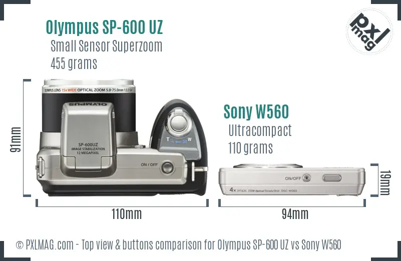 Olympus SP-600 UZ vs Sony W560 top view buttons comparison Olympus SP-600 UZ vs Sony W560 top view buttons comparison