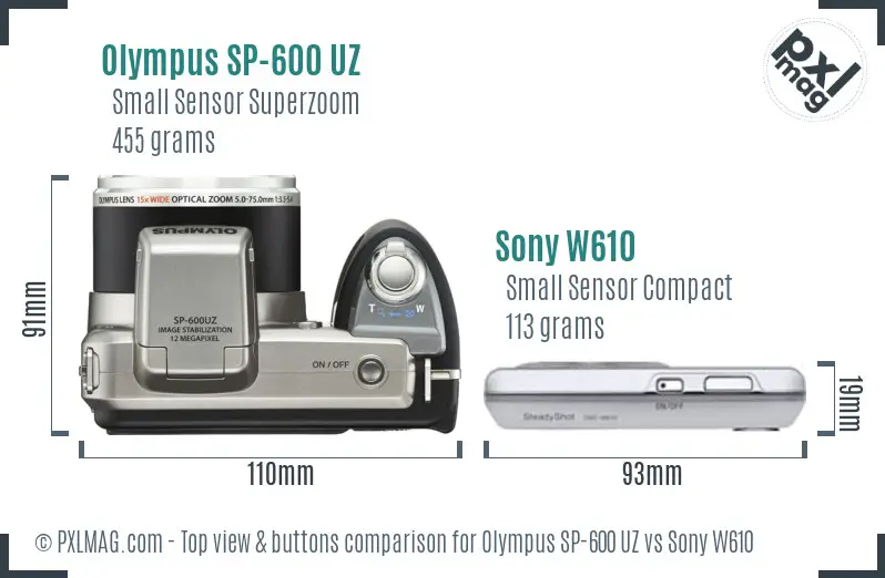 Olympus SP-600 UZ vs Sony W610 top view buttons comparison