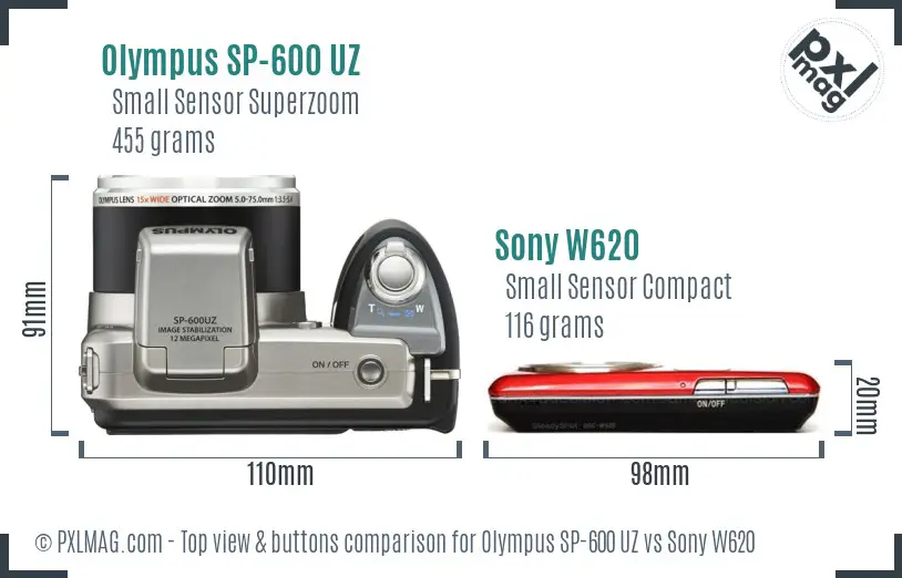 Olympus SP-600 UZ vs Sony W620 top view buttons comparison