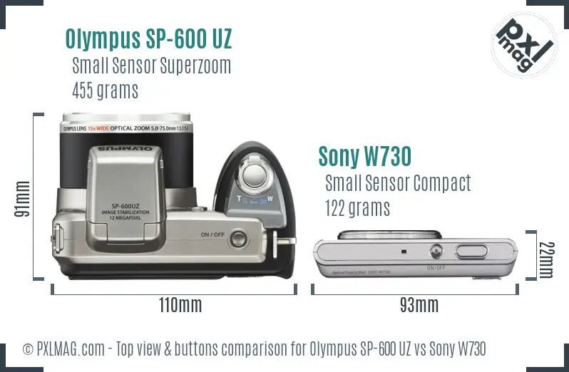 Olympus SP-600 UZ vs Sony W730 top view buttons comparison