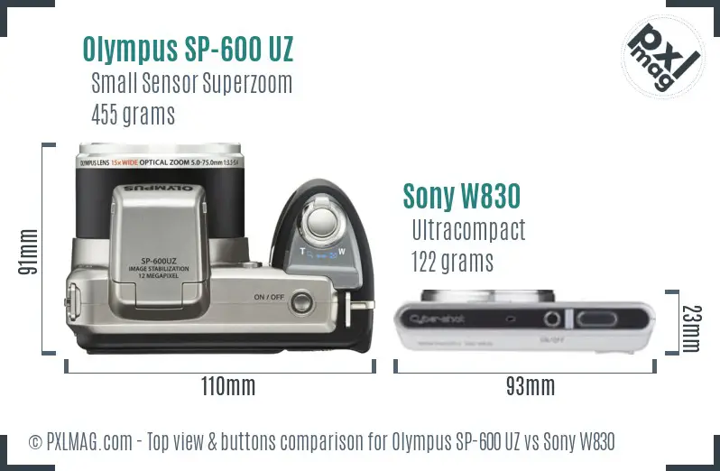 Olympus SP-600 UZ vs Sony W830 top view buttons comparison