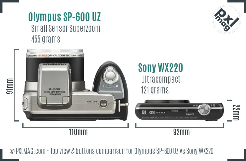 Olympus SP-600 UZ vs Sony WX220 top view buttons comparison