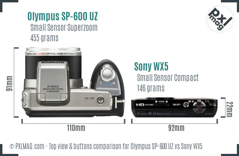 Olympus SP-600 UZ vs Sony WX5 top view buttons comparison
