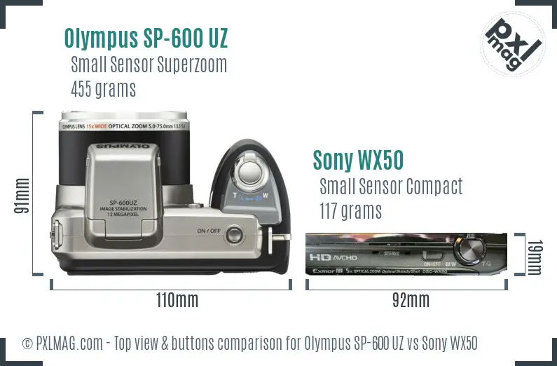 Olympus SP-600 UZ vs Sony WX50 top view buttons comparison