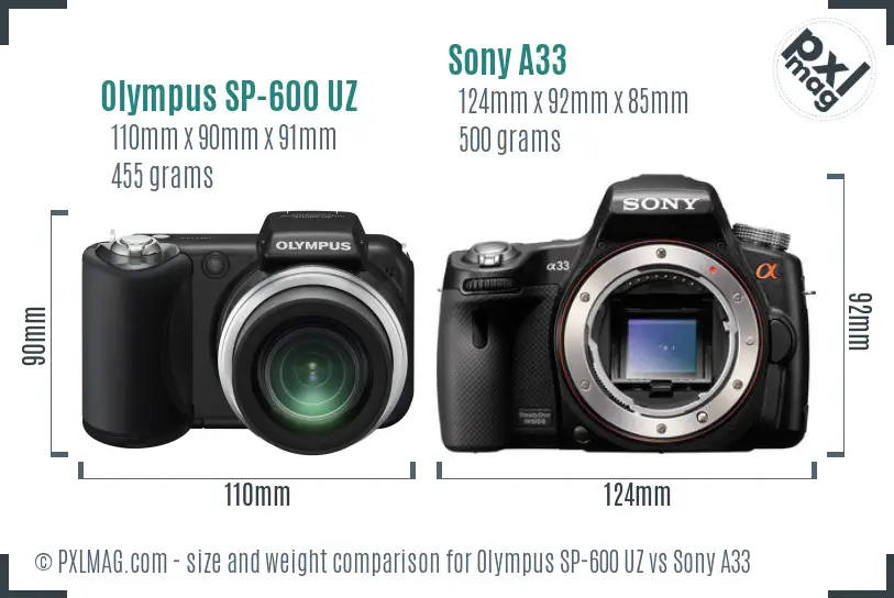 Olympus SP-600 UZ vs Sony A33 size comparison