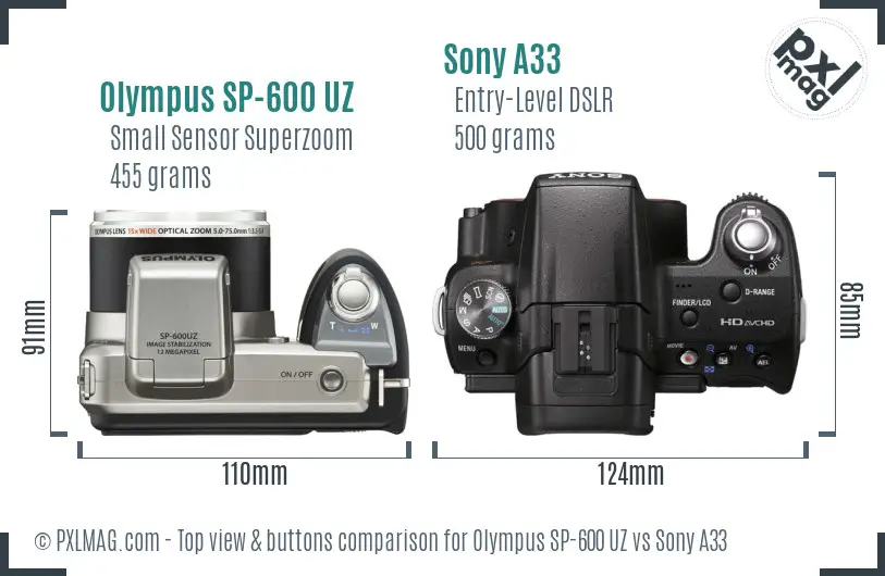 Olympus SP-600 UZ vs Sony A33 top view buttons comparison