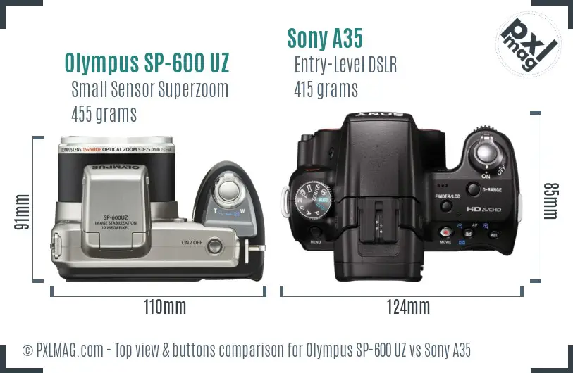 Olympus SP-600 UZ vs Sony A35 top view buttons comparison