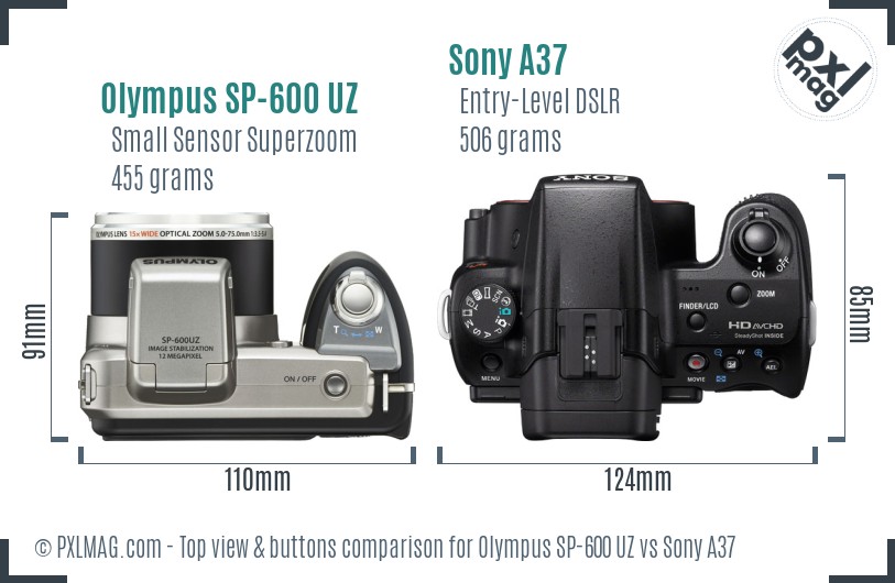 Olympus SP-600 UZ vs Sony A37 top view buttons comparison