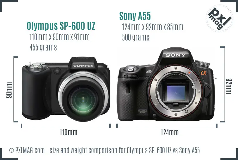 Olympus SP-600 UZ vs Sony A55 size comparison