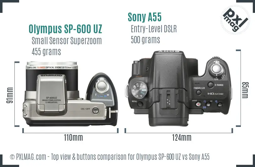 Olympus SP-600 UZ vs Sony A55 top view buttons comparison