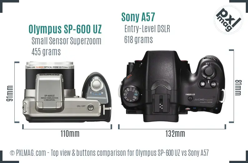 Olympus SP-600 UZ vs Sony A57 top view buttons comparison