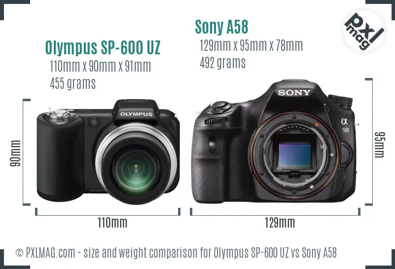 Olympus SP-600 UZ vs Sony A58 size comparison Olympus SP-600 UZ vs Sony A58 size comparison