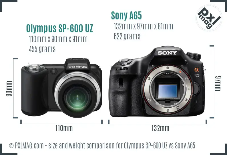 Olympus SP-600 UZ vs Sony A65 size comparison