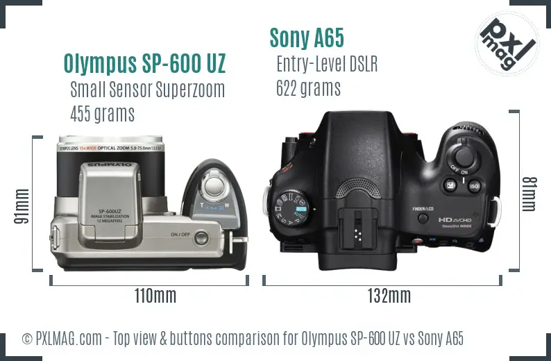 Olympus SP-600 UZ vs Sony A65 top view buttons comparison