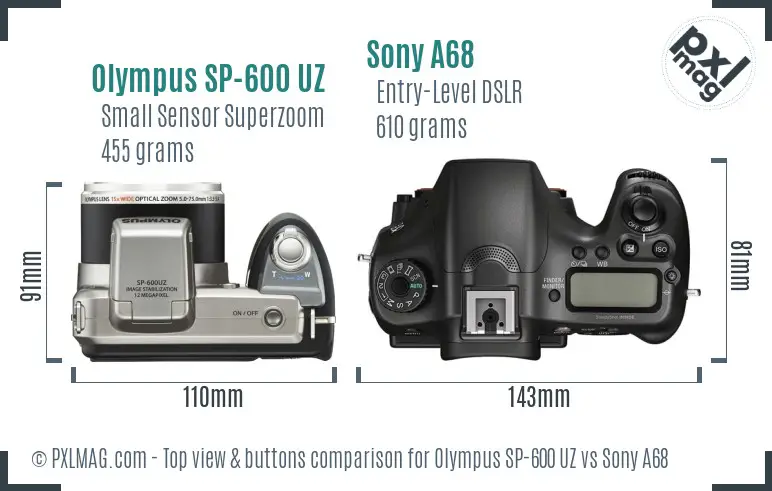 Olympus SP-600 UZ vs Sony A68 top view buttons comparison
