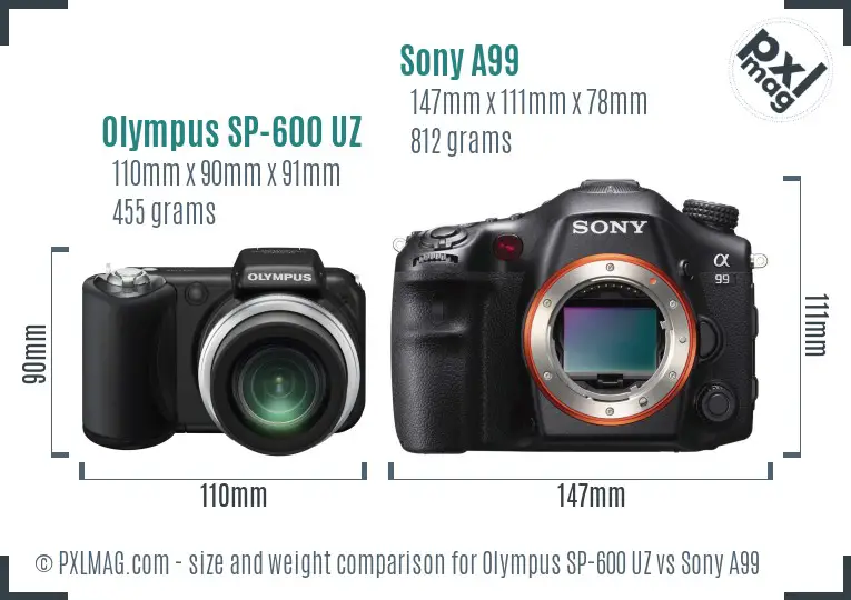 Olympus SP-600 UZ vs Sony A99 size comparison