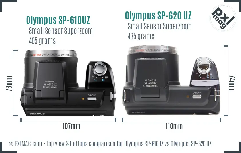 Olympus SP-610UZ vs Olympus SP-620 UZ top view buttons comparison