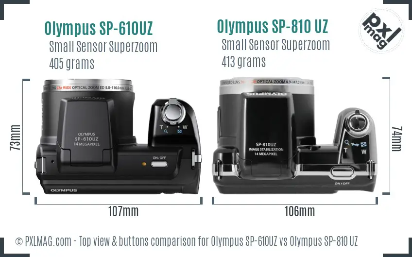 Olympus SP-610UZ vs Olympus SP-810 UZ top view buttons comparison