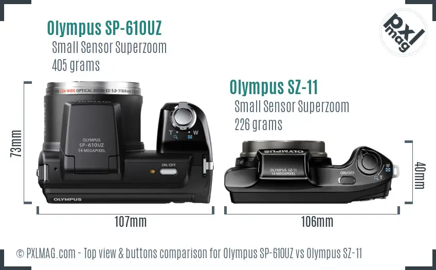 Olympus SP-610UZ vs Olympus SZ-11 top view buttons comparison