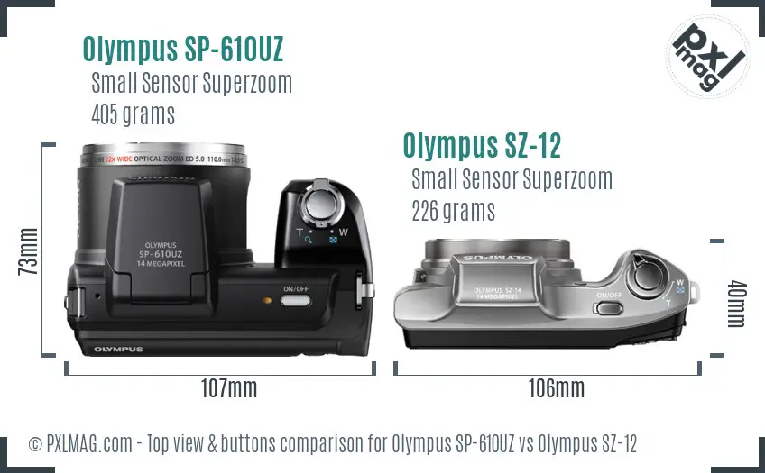Olympus SP-610UZ vs Olympus SZ-12 top view buttons comparison