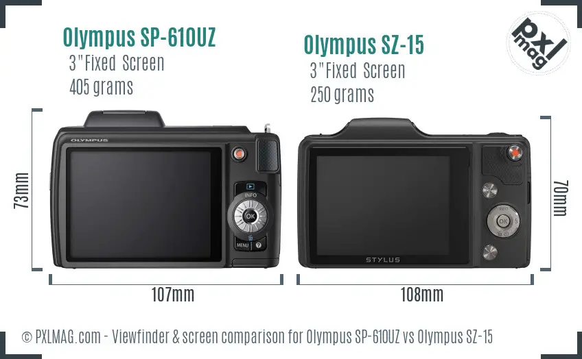 Olympus SP-610UZ vs Olympus SZ-15 Screen and Viewfinder comparison