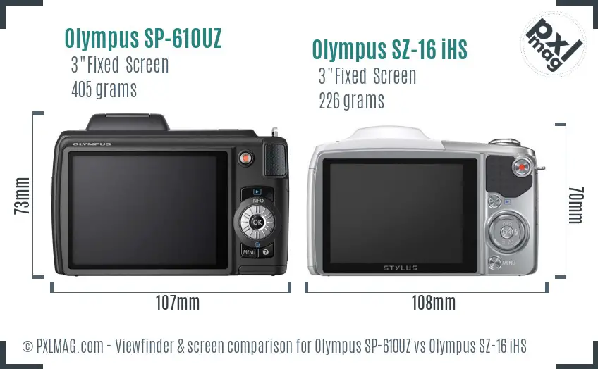 Olympus SP-610UZ vs Olympus SZ-16 iHS Screen and Viewfinder comparison