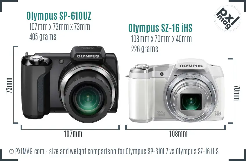 Olympus SP-610UZ vs Olympus SZ-16 iHS size comparison