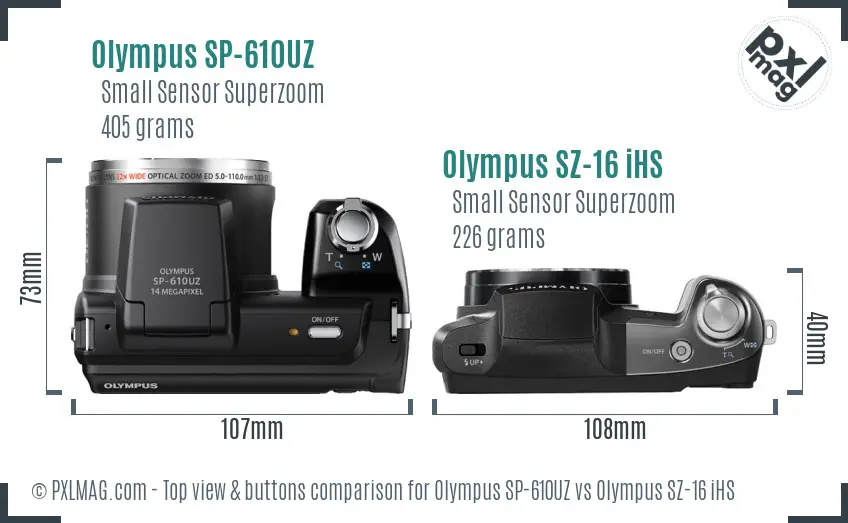 Olympus SP-610UZ vs Olympus SZ-16 iHS top view buttons comparison