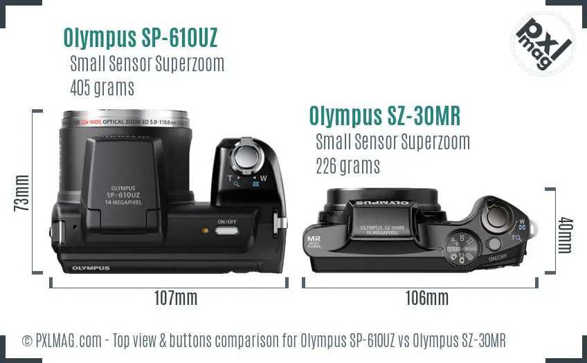 Olympus SP-610UZ vs Olympus SZ-30MR top view buttons comparison