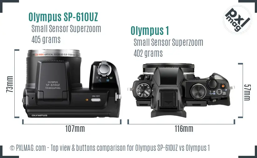 Olympus SP-610UZ vs Olympus 1 top view buttons comparison