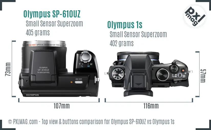 Olympus SP-610UZ vs Olympus 1s top view buttons comparison