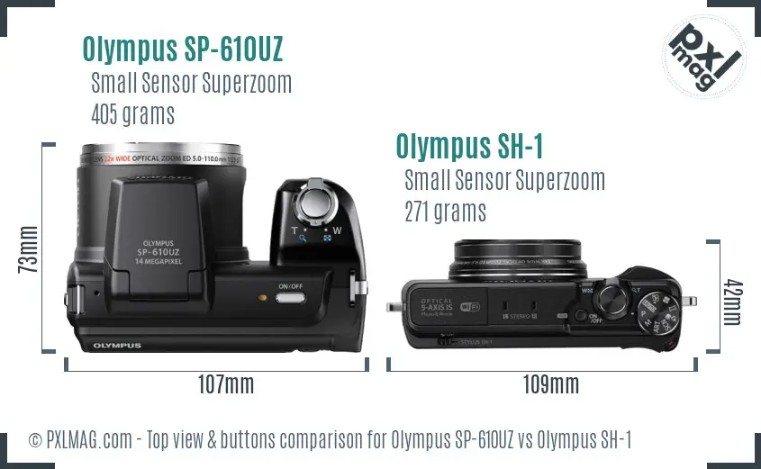 Olympus SP-610UZ vs Olympus SH-1 top view buttons comparison