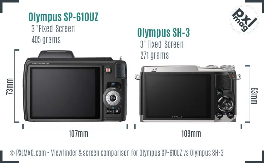 Olympus SP-610UZ vs Olympus SH-3 Screen and Viewfinder comparison