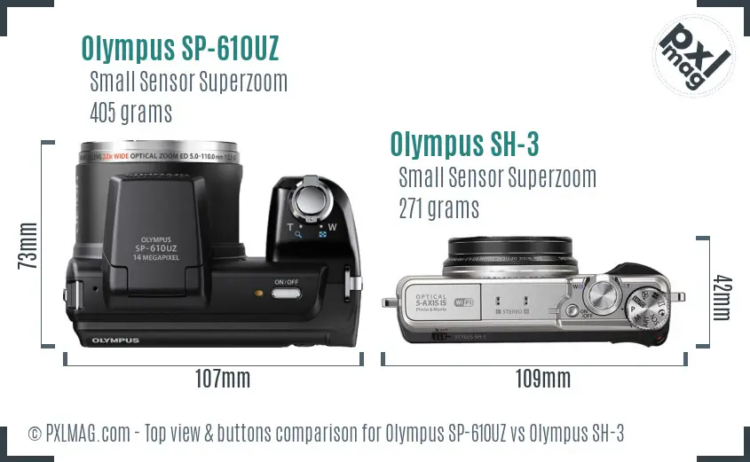 Olympus SP-610UZ vs Olympus SH-3 top view buttons comparison