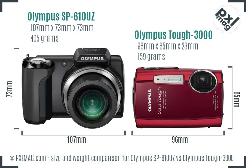 Olympus SP-610UZ vs Olympus Tough-3000 size comparison