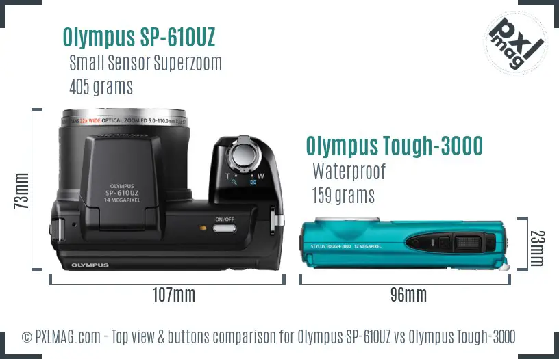 Olympus SP-610UZ vs Olympus Tough-3000 top view buttons comparison
