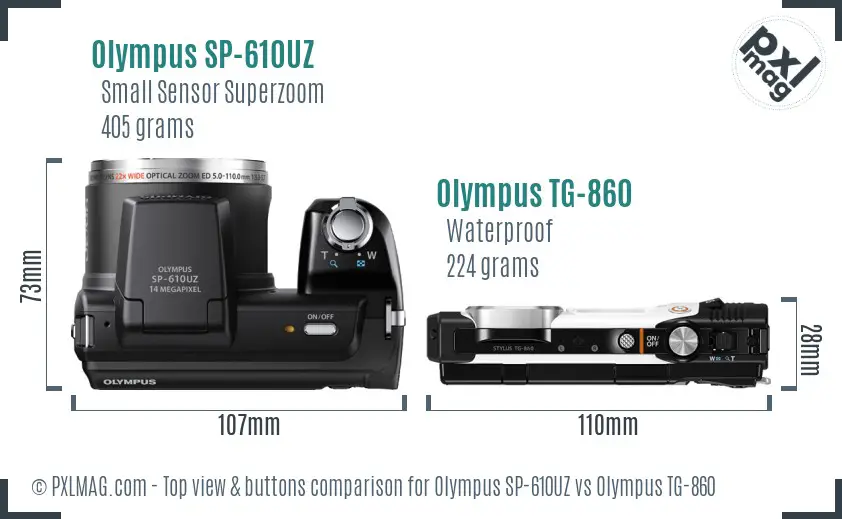 Olympus SP-610UZ vs Olympus TG-860 top view buttons comparison