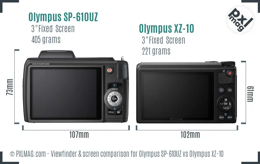 Olympus SP-610UZ vs Olympus XZ-10 Screen and Viewfinder comparison